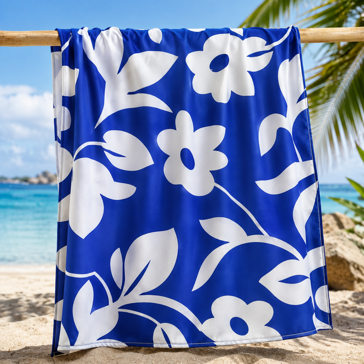 Beach cover-up pareo with royal blue floral print – lightweight and elegant fabric. canga
