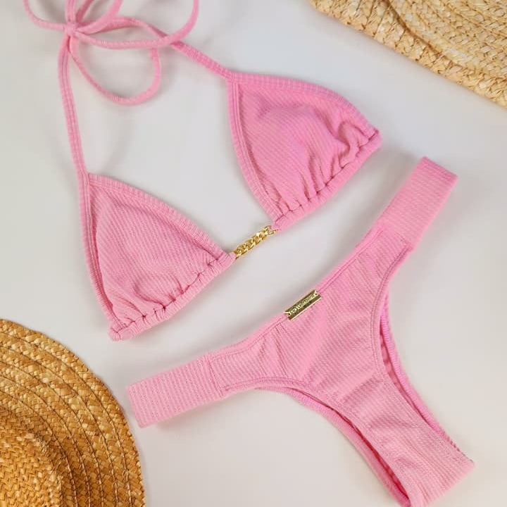 Women's Textured Triangle Bikini Set – Pink Sol