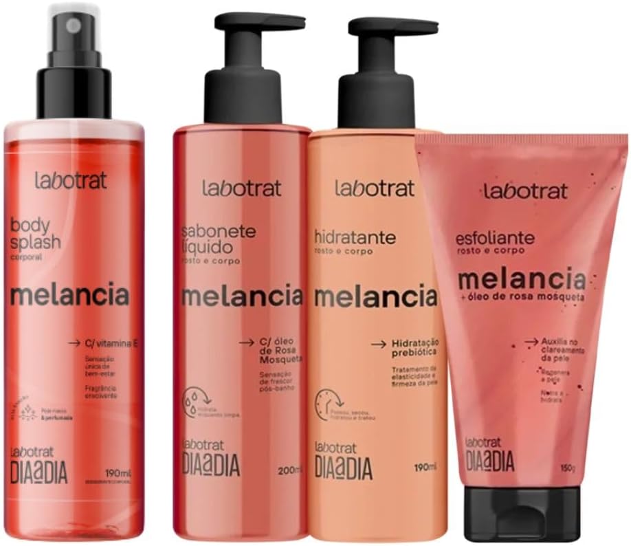 Kit Tratamento Diário Labotrat - Esfoliante 150g, Hidratante, Sabonete Líquido e Body Splash de Melancia