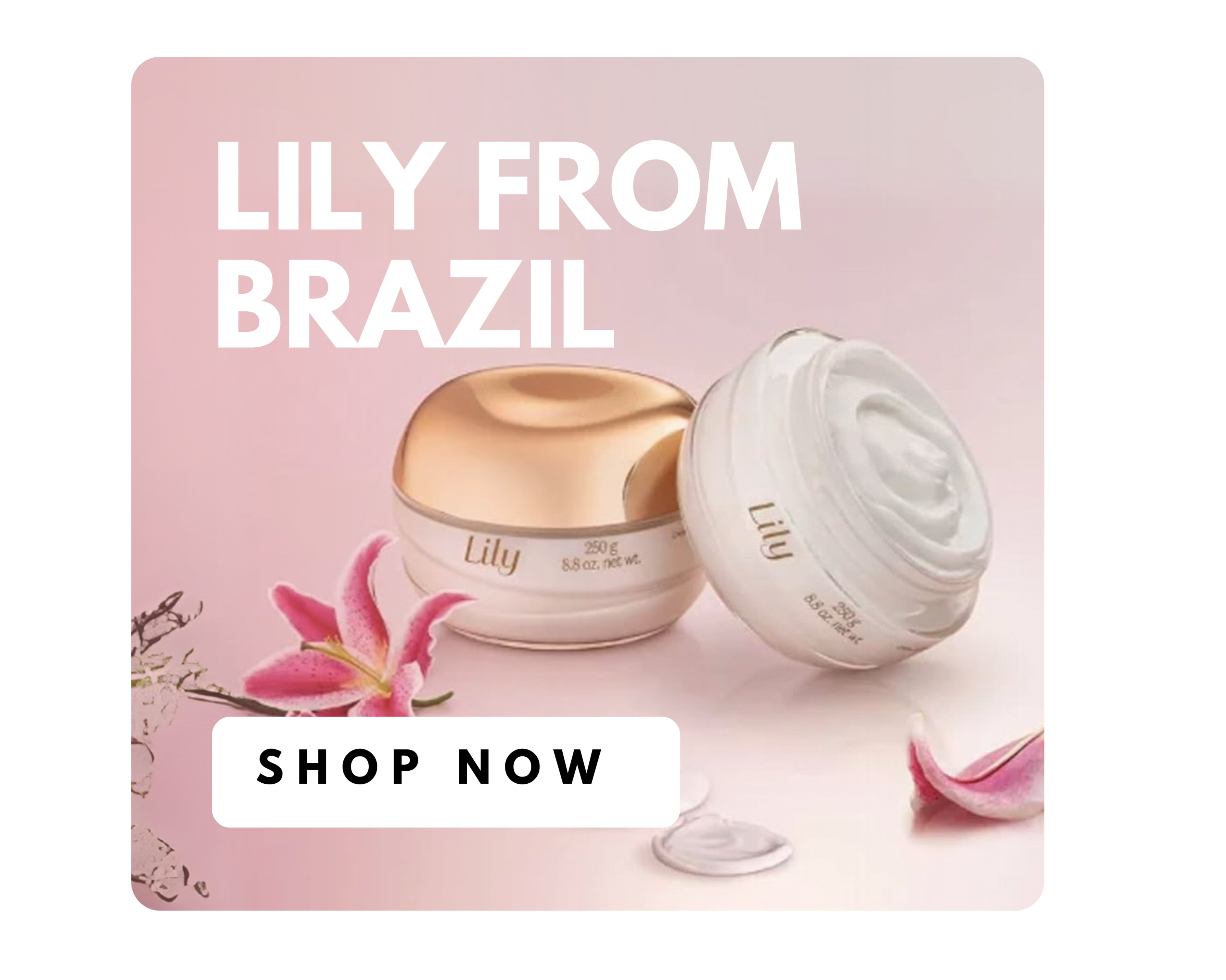 Cosmetic product packaging with 'Lily from Brazil' branding on a light pink background.