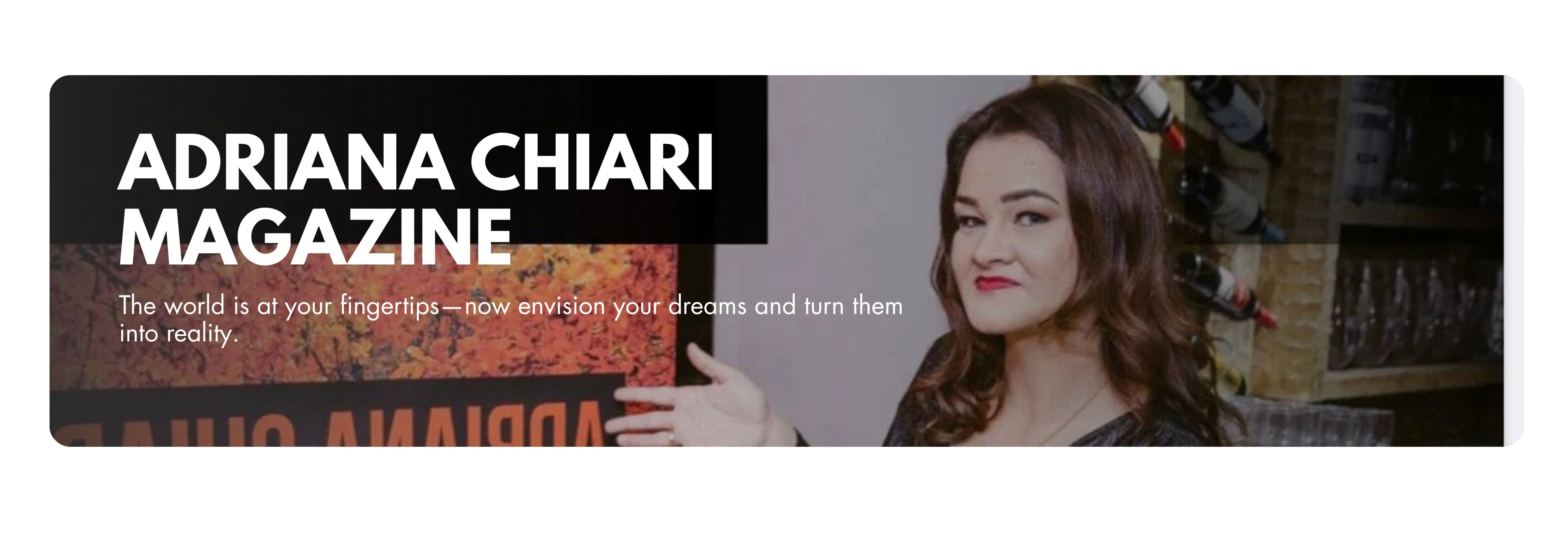 Adriana Chiari Magazine banner with a woman's face and text on a white background