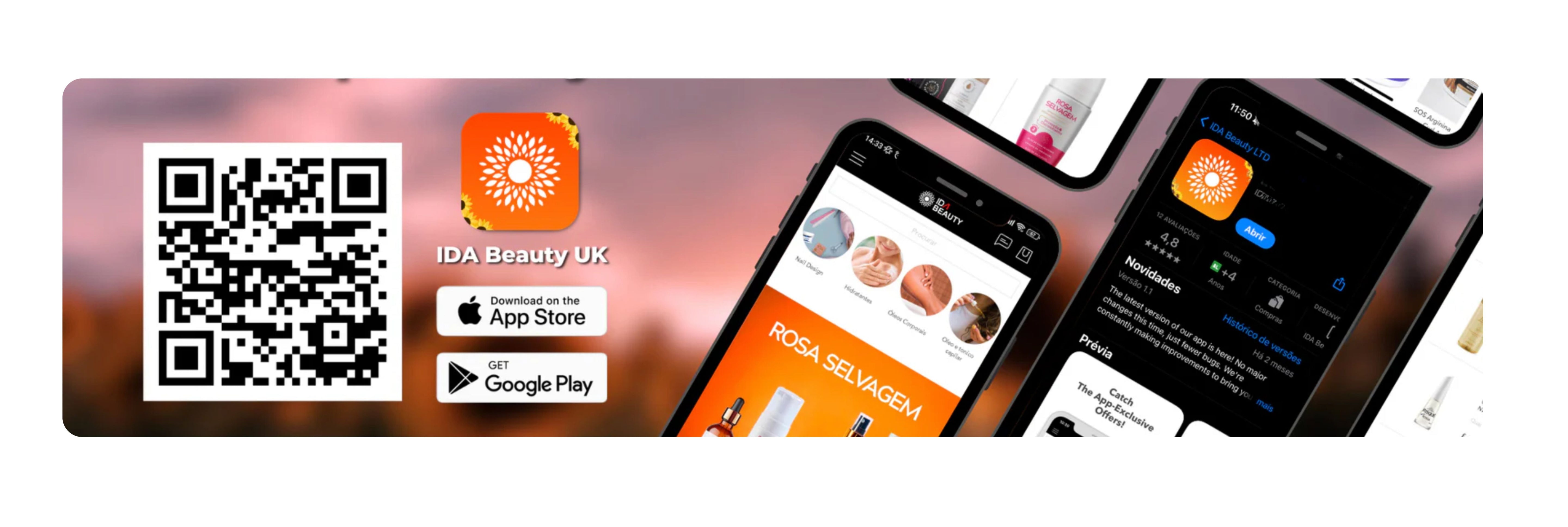 QR code and app store icons on a digital display with a brand logo.