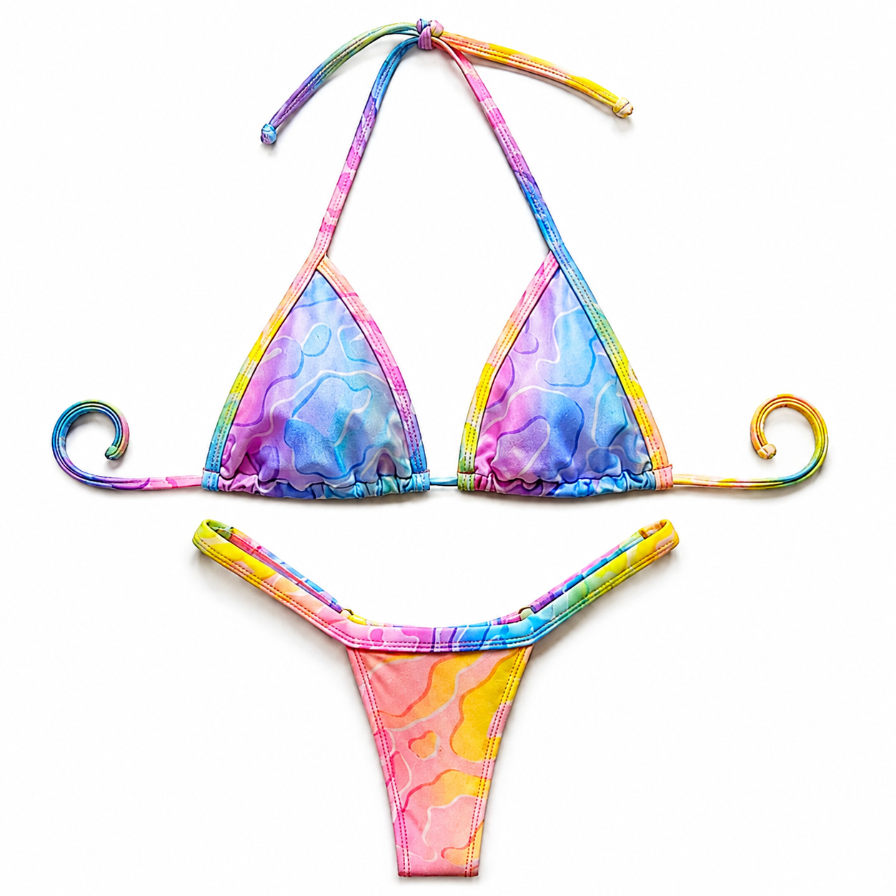 String bikini with double-string bottom, tie-dye, candy colors.