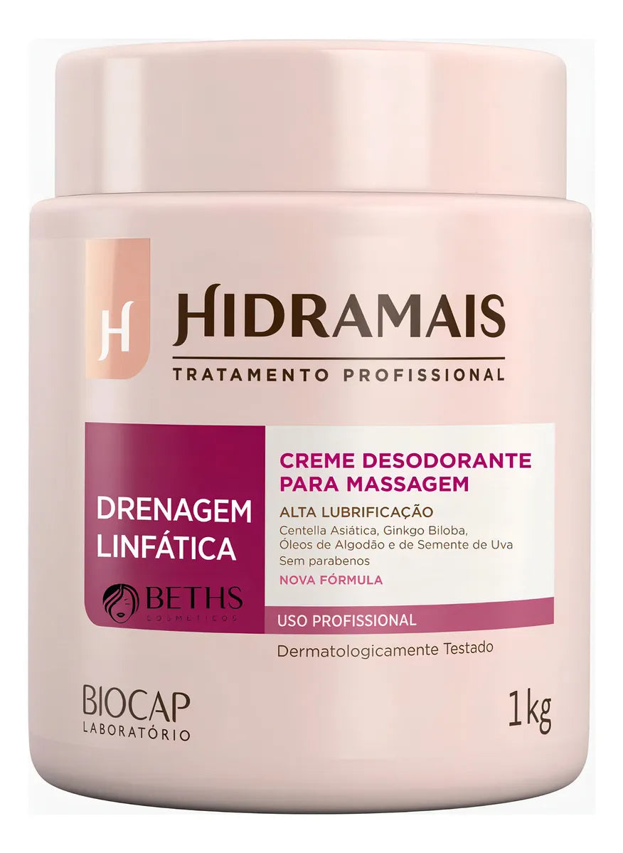 Hidramais 1kg Lymphatic Drainage Professional Massage Cream jar with Brazilian beauty formulation on a white background.