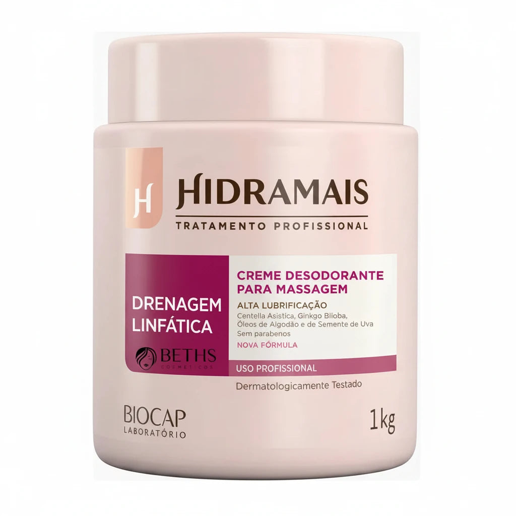 Hidramais 1kg Lymphatic Drainage Professional Massage Cream jar with Brazilian beauty formulation on a white background.