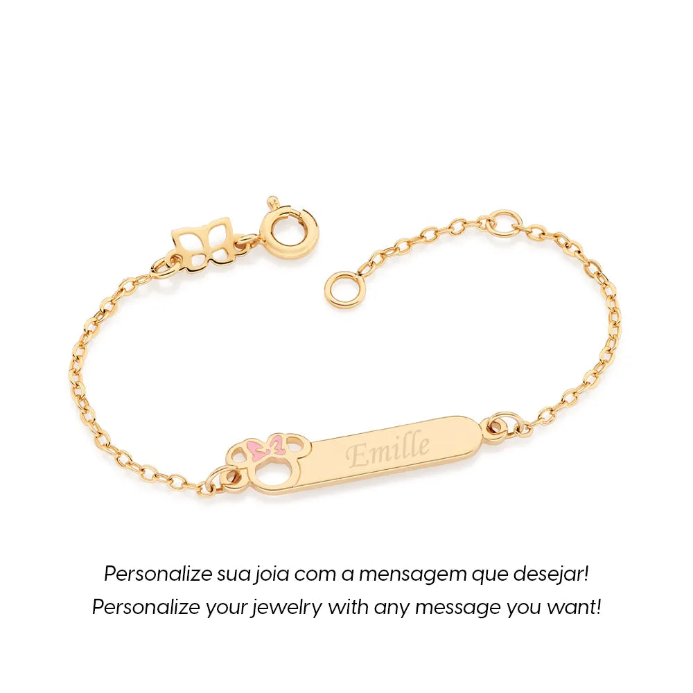 Pulseira Minnie Baby Personalizável Banhada a Ouro 18k Com Aplicação de Resina - Tam.14 Romanel