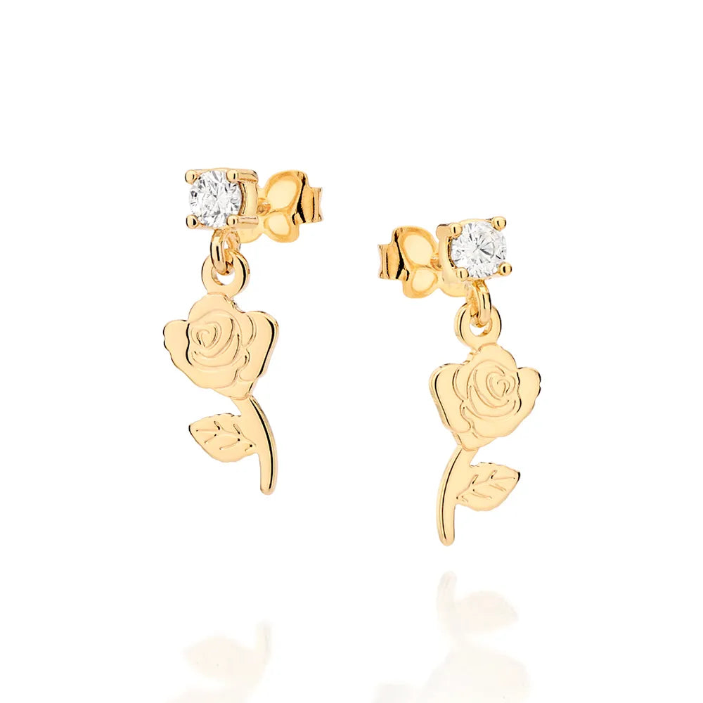 Brinco Rosa da Bela Banhado a Ouro 18k Com Zircônias - Tam.único Romanel