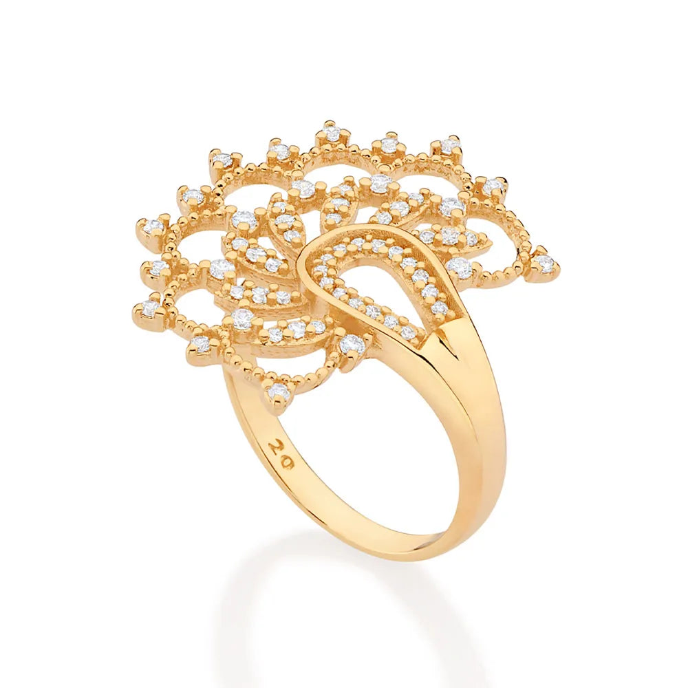 Maxi Anel Meia Flor de Lótus Banhado a Ouro 18k Com Zircônias