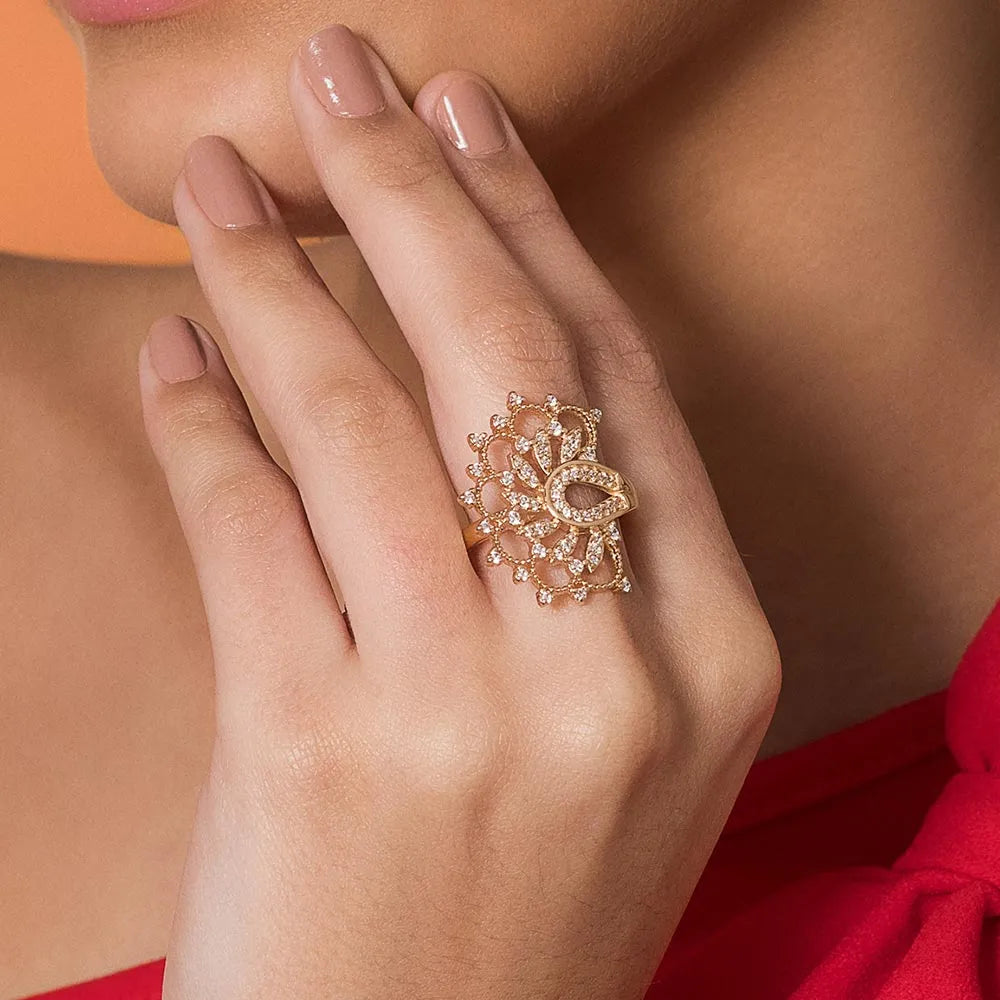 Maxi Anel Meia Flor de Lótus Banhado a Ouro 18k Com Zircônias