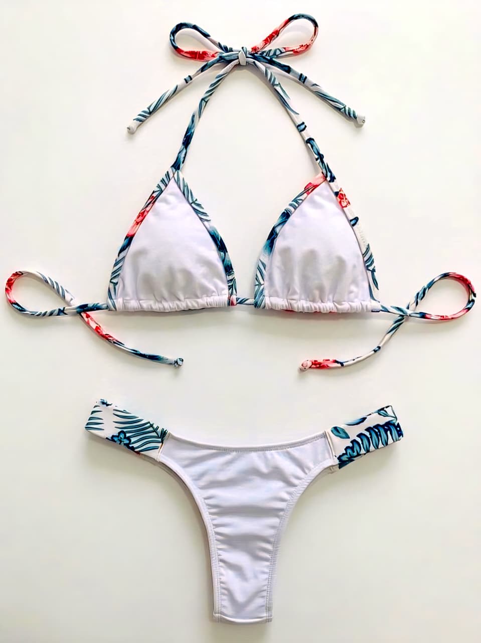 Women's White Triangle Bikini with Tropical Print – Summer Beach Set