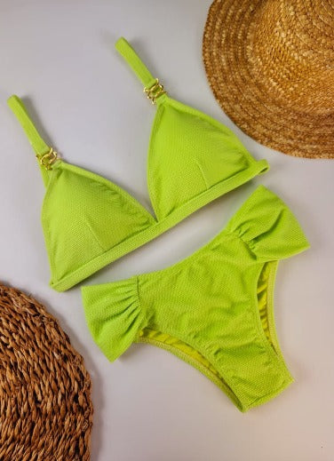 Women's Textured Lime Green Bikini Set – Fixed Top with Rings and High-Waisted Bottom with Ruffles Brazilian Style