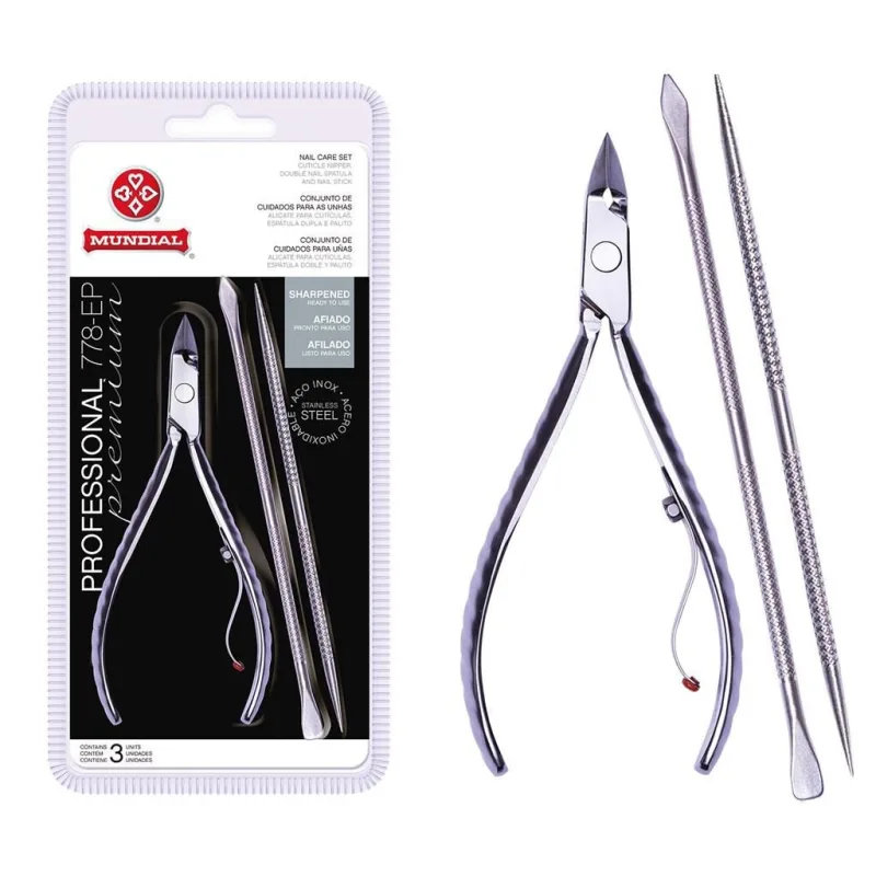 Kit Alicate Mundial 778 - EP c/ Espátula e Palito de Unha inox Profissional
