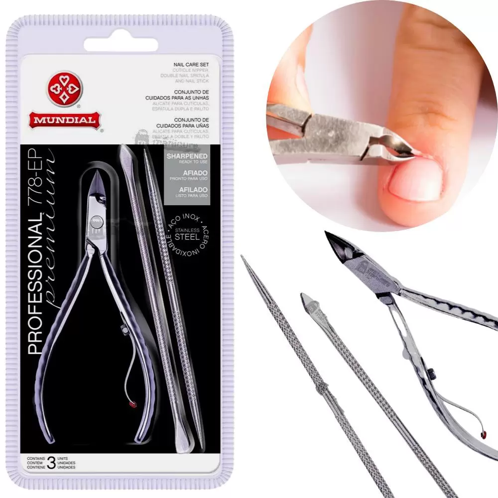 Kit Alicate Mundial 778 - EP c/ Espátula e Palito de Unha inox Profissional