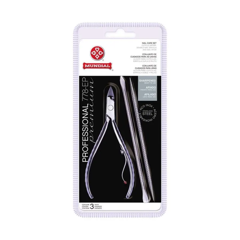 Kit Alicate Mundial 778 - EP c/ Espátula e Palito de Unha inox Profissional