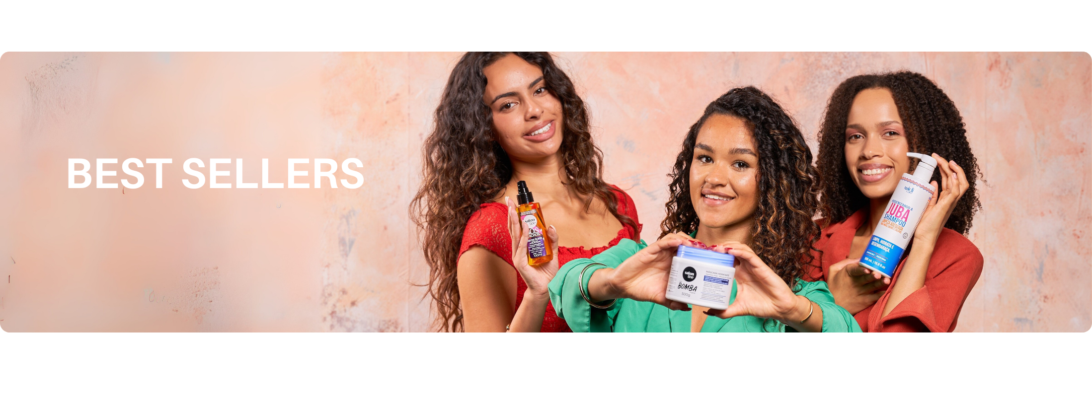 Three smiling women holding best-selling beauty products from Lola Cosmetics, showcasing customer favorites in the Best Sellers collection.