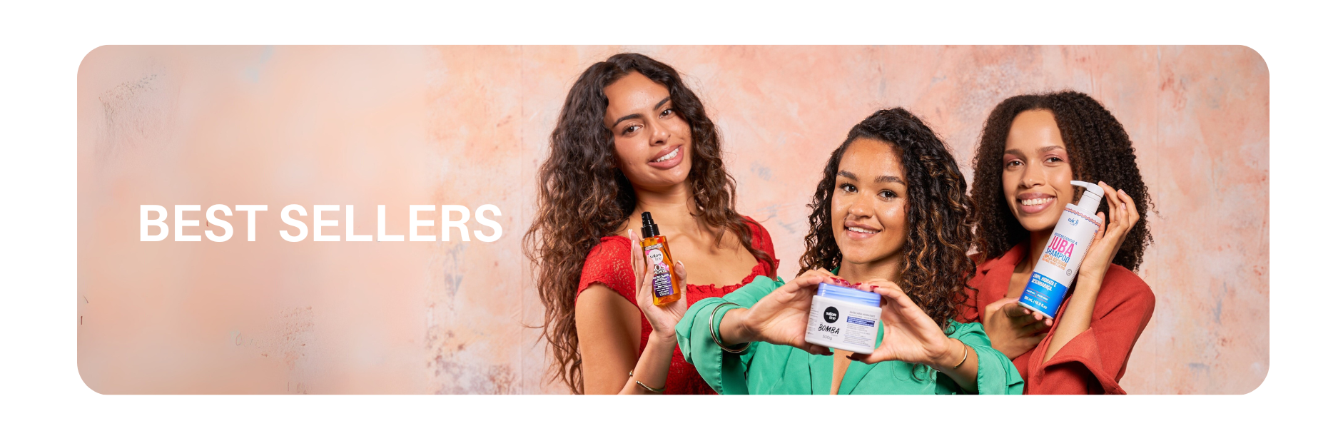 Three smiling women holding best-selling beauty products from Lola Cosmetics, showcasing customer favorites in the Best Sellers collection.