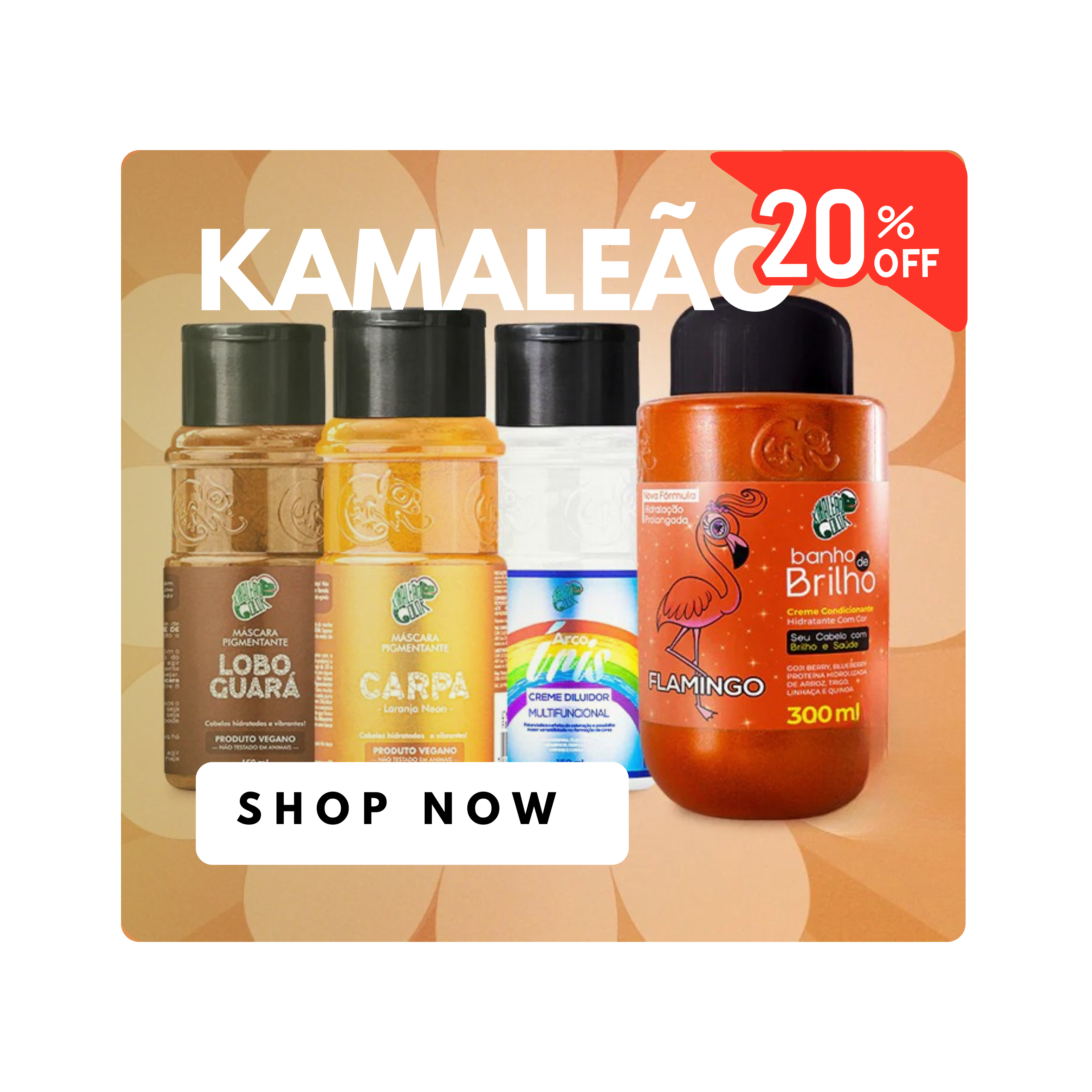 Kamalea hair care product set with a 'Shop Now' button and 20% off label on a white background.