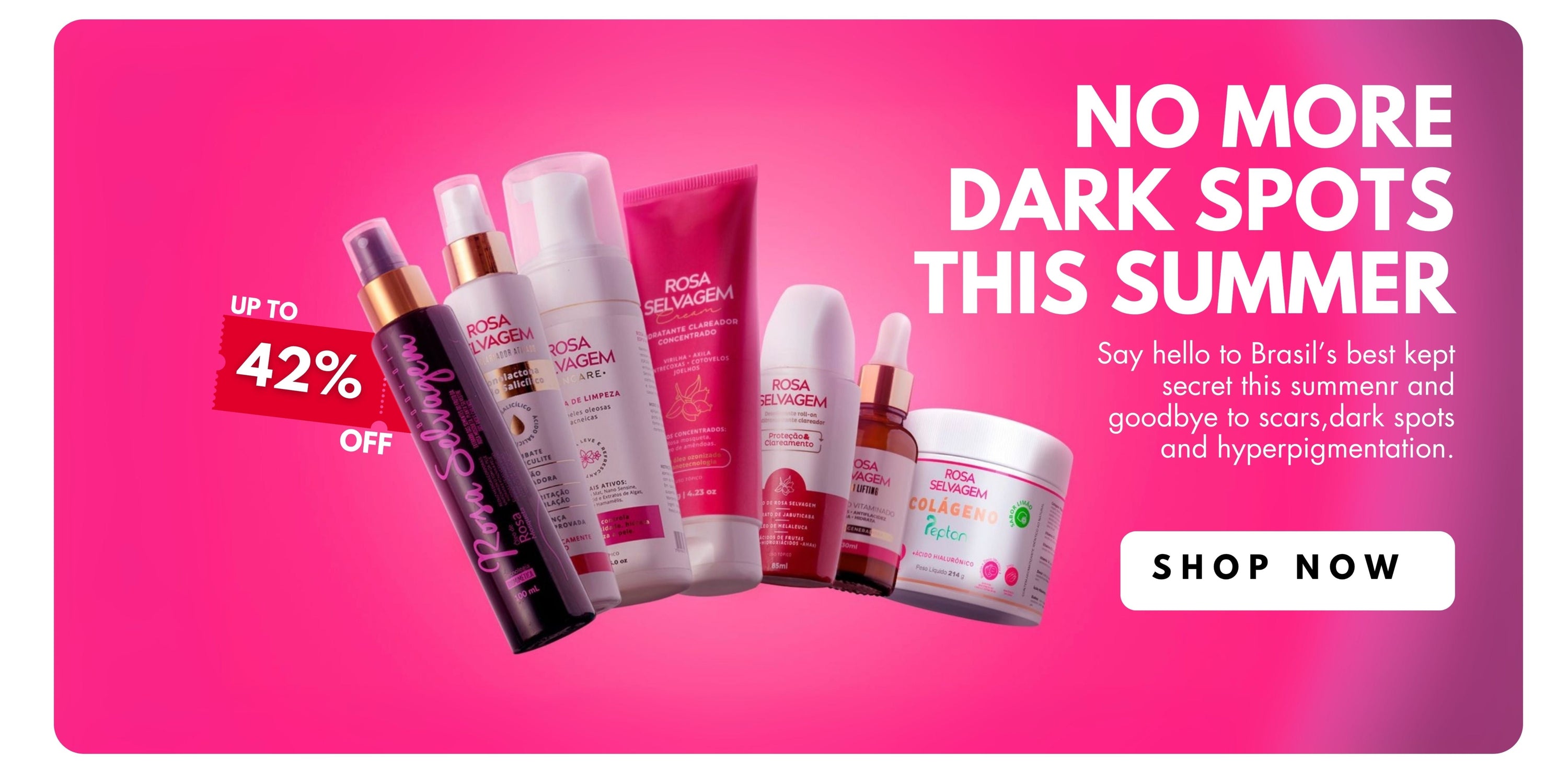 Cosmetic products on a pink background with promotional text.