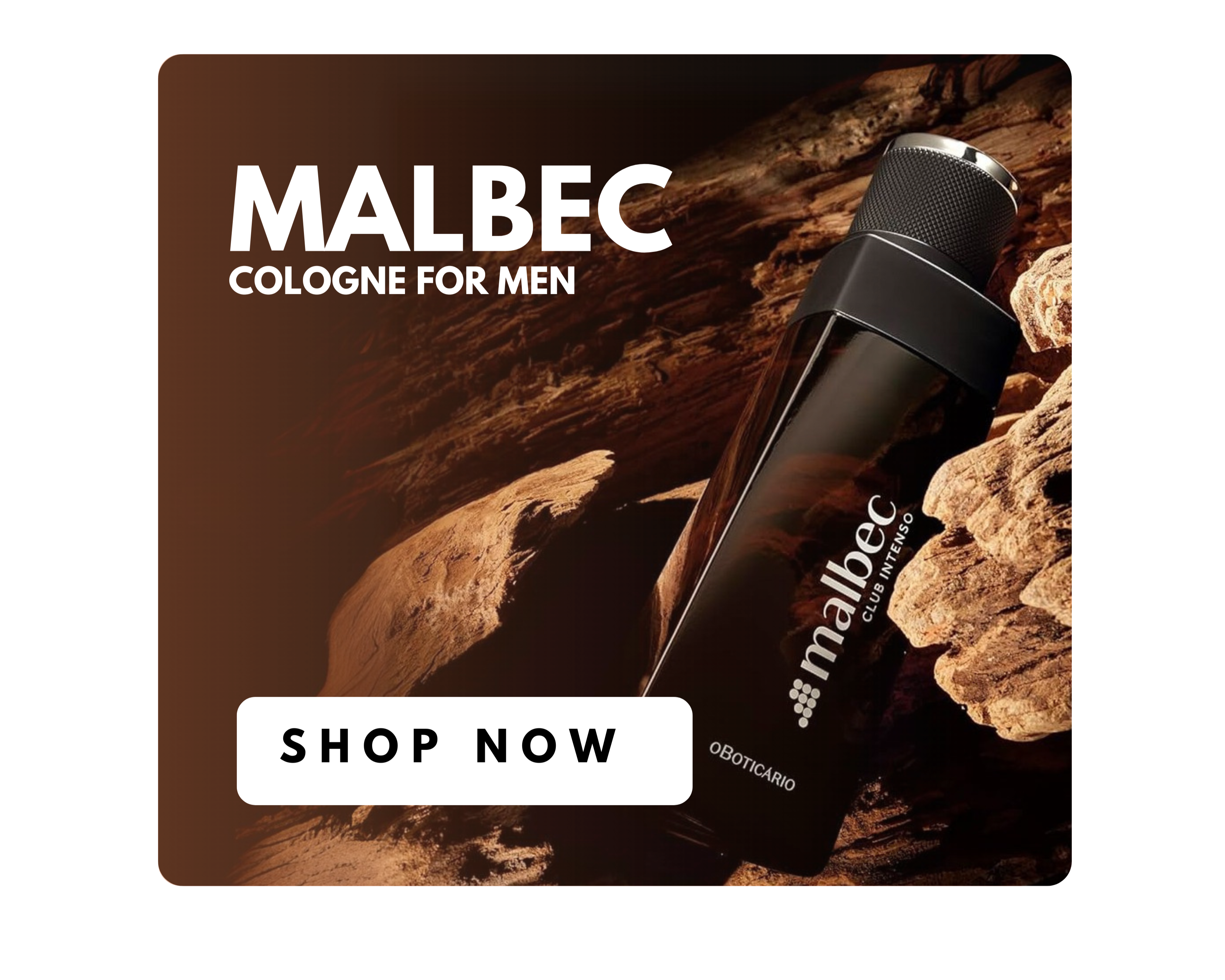 Malbec cologne for men packaging with a 'Shop Now' button on a white background