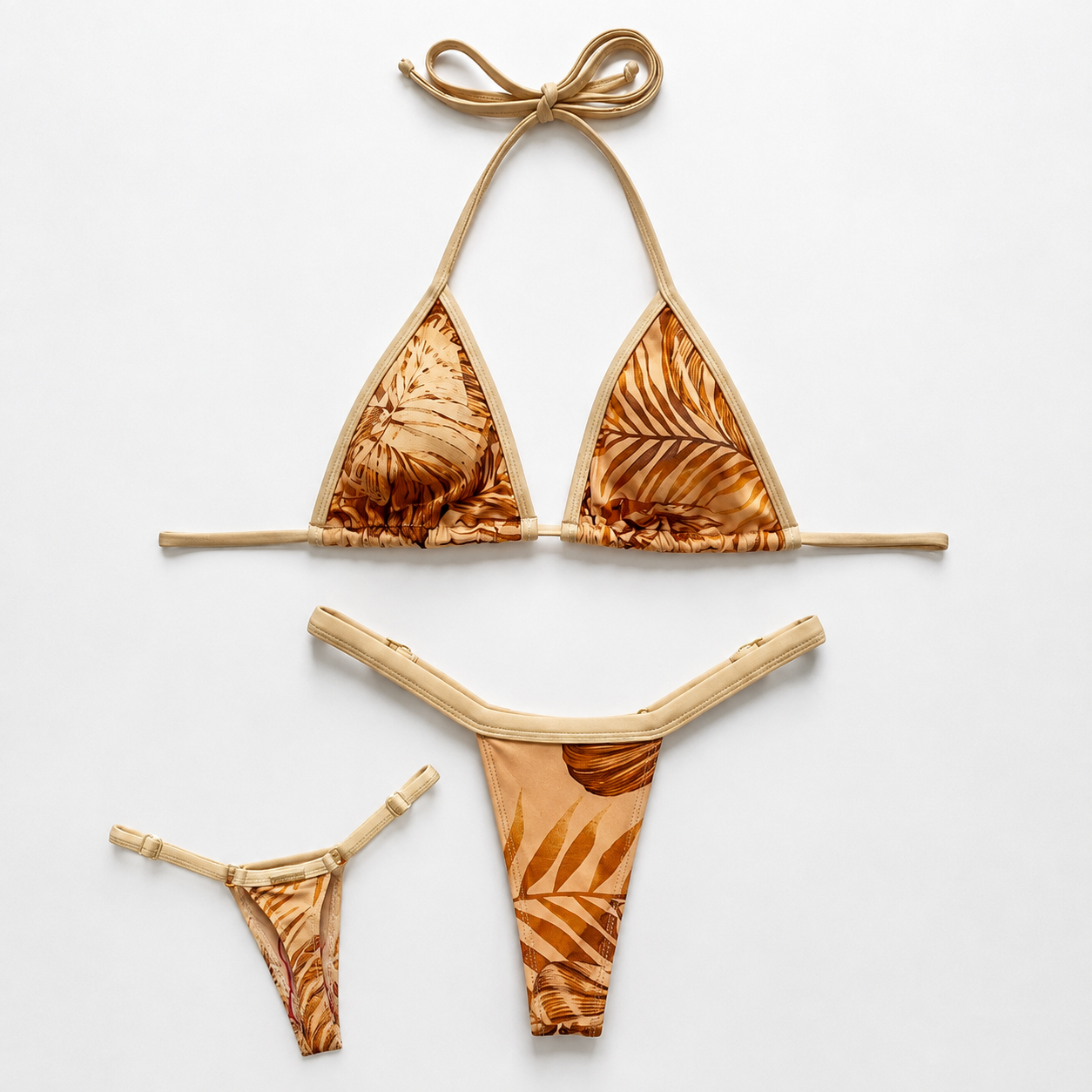 Nude Tropical String Bikini with Foliage Print Fita Tule