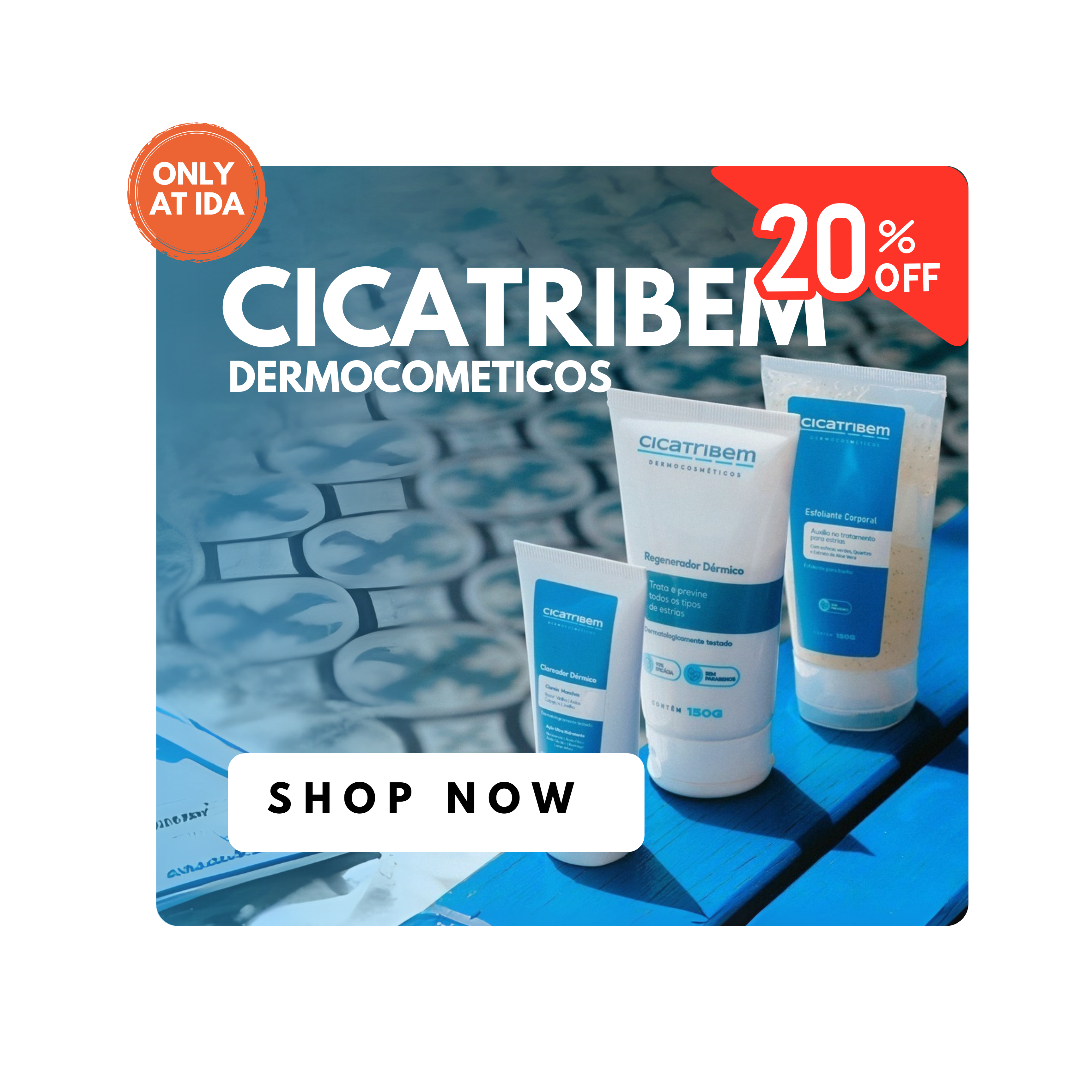 Cicatribem dermocosmetics packaging with a 20% off discount offer on a white background.