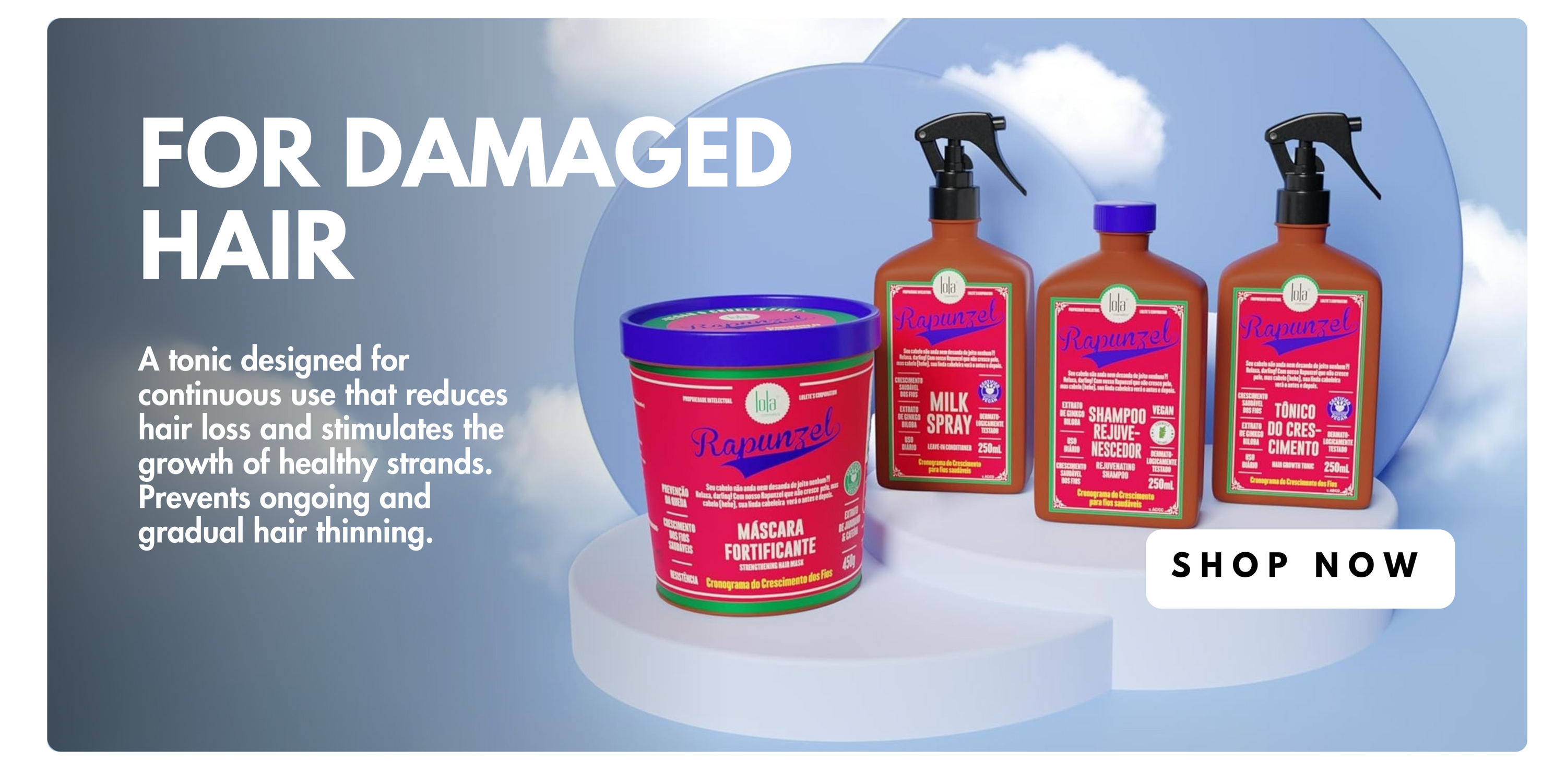 LOLA Cosmetics Rapuzel Hair care product set for damaged hair with text and 'Shop Now' button on a blue background