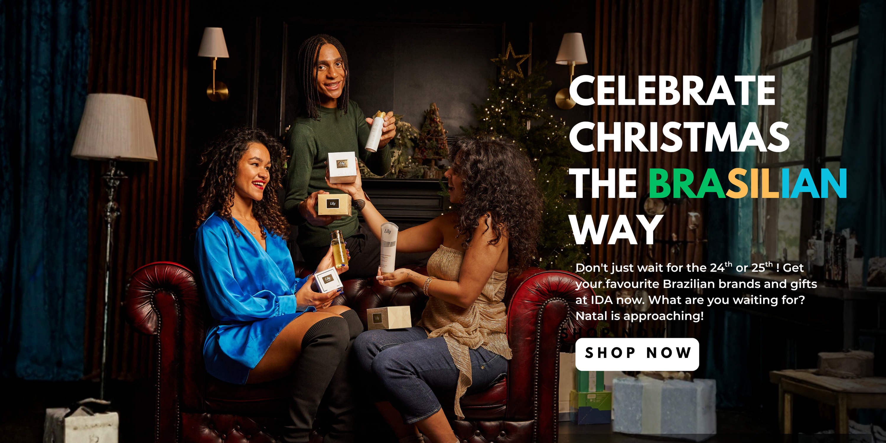 Advertisement for celebrating Christmas the Brazilian way with people in a living room setting.