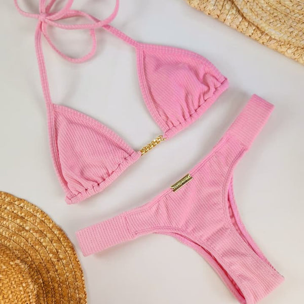 Women's Textured Triangle Bikini Set – Pink Sol