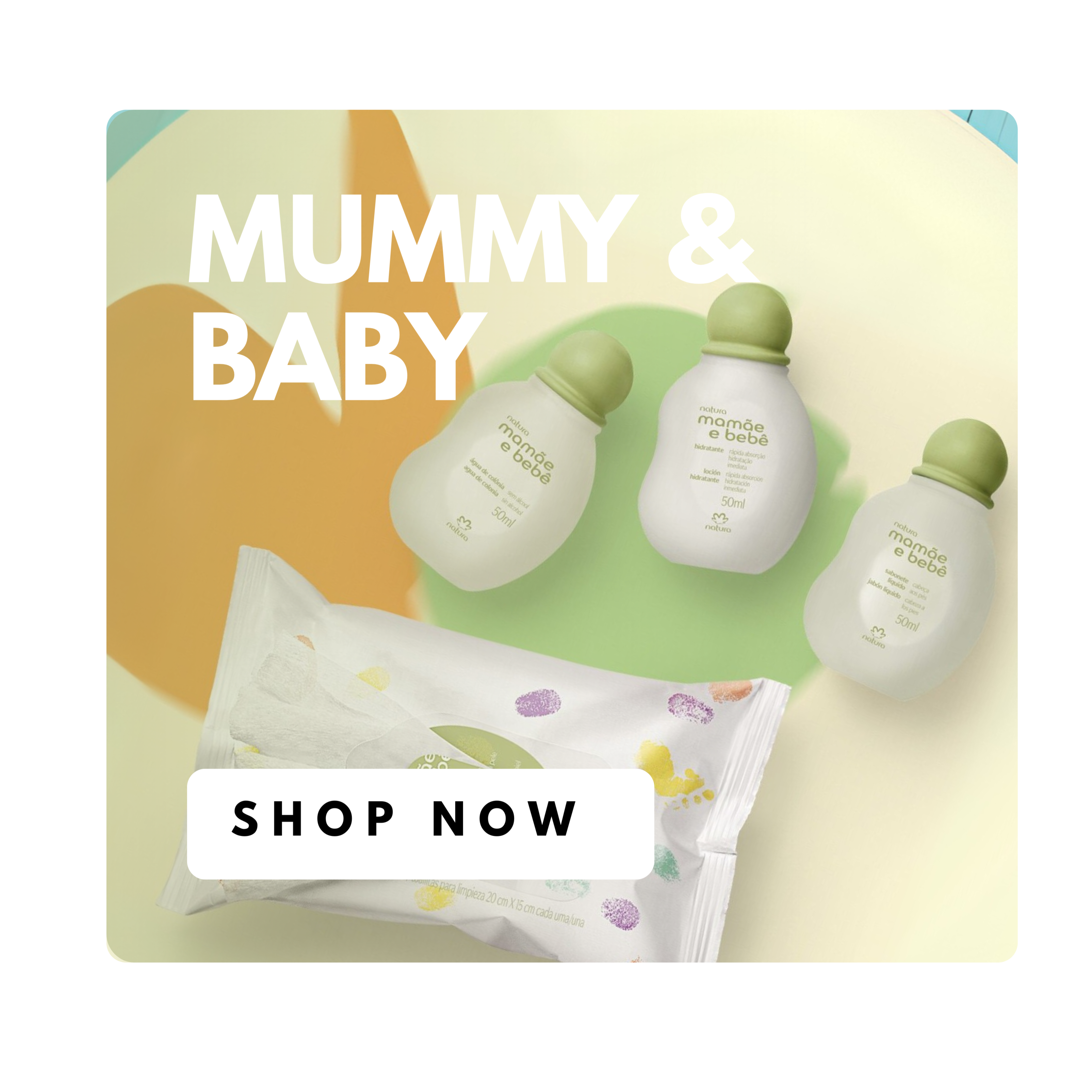 Product packaging with 'Mummy & Baby' text and baby items on a colorful background.