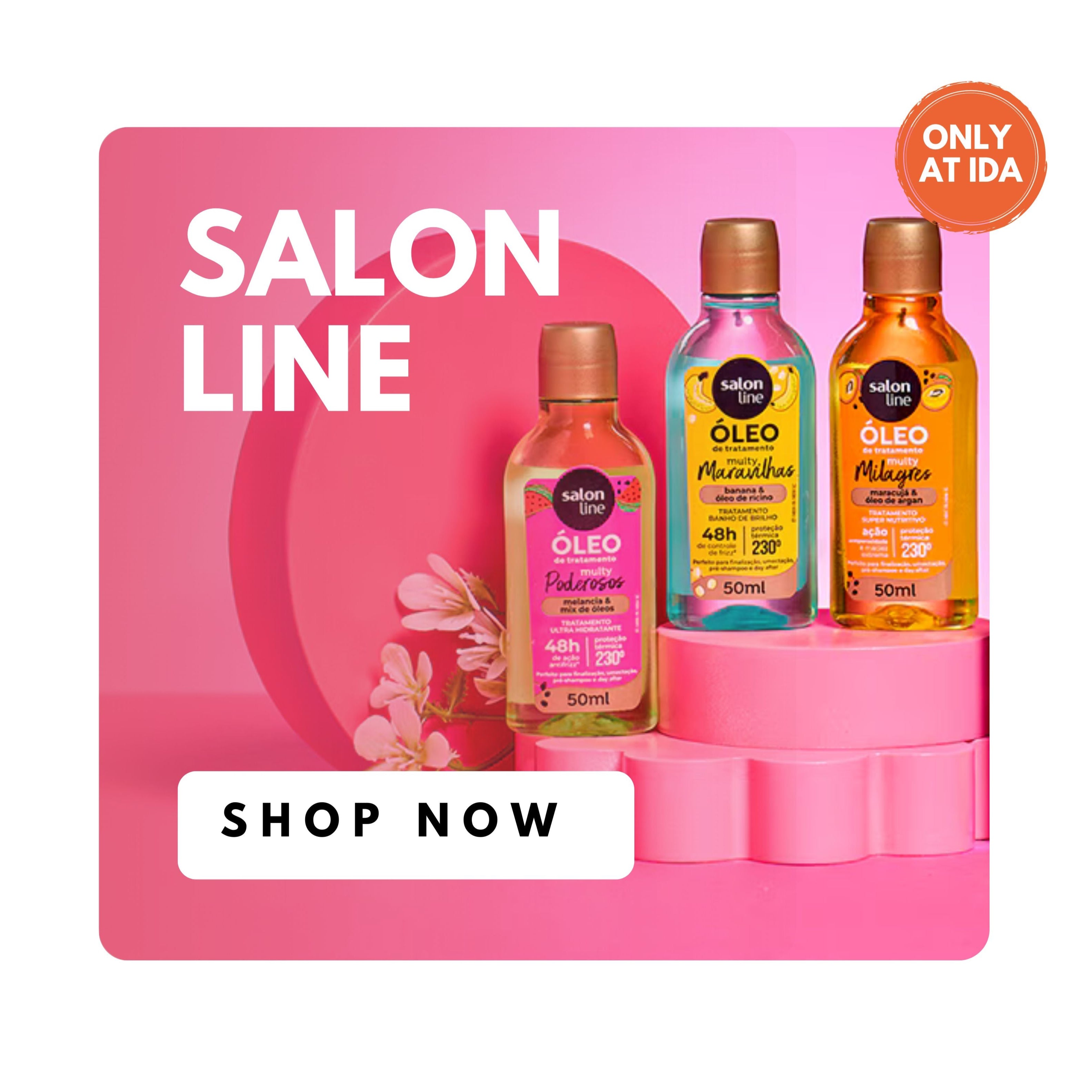 Salon Line hair care product set with bottles on a pink background