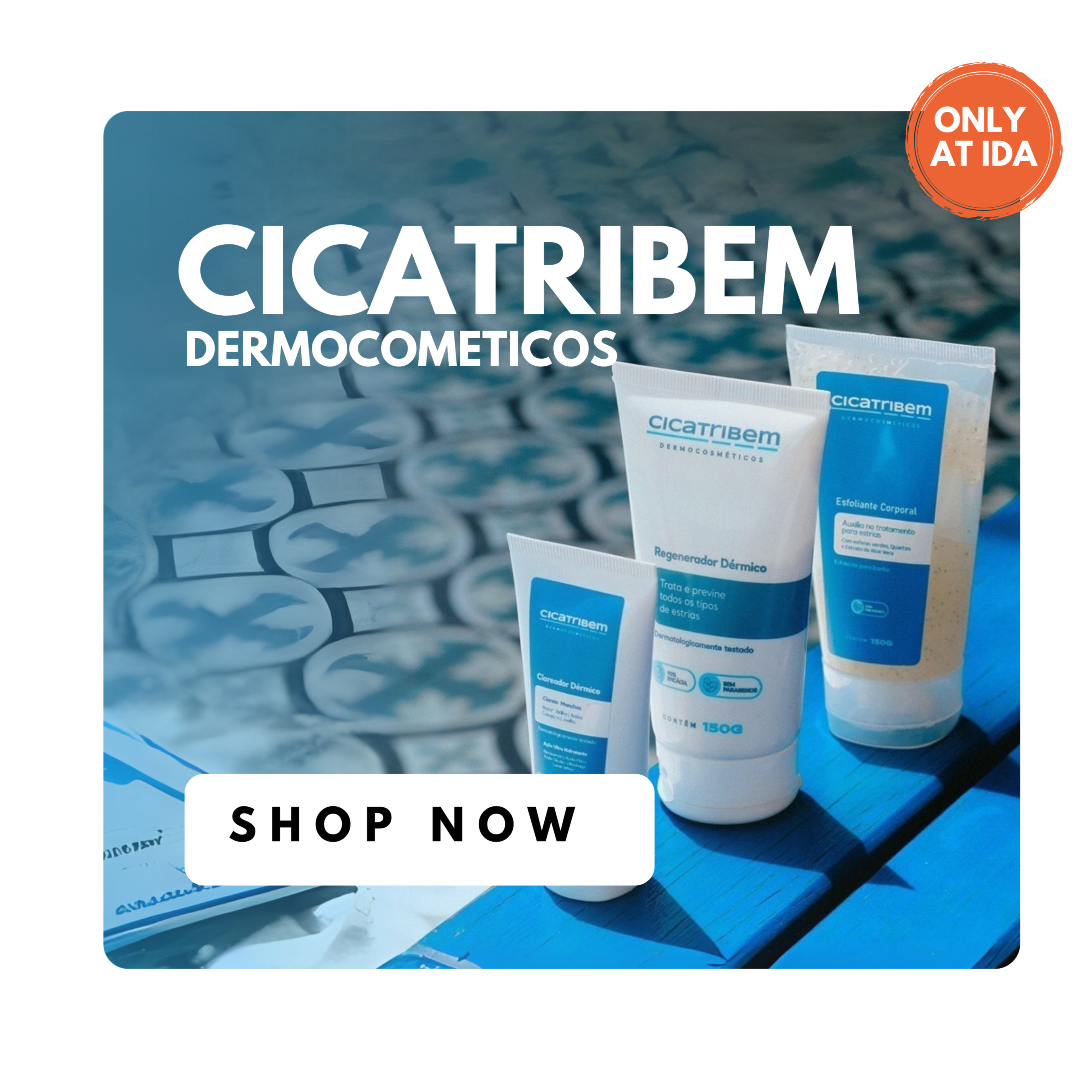 Cicatribem dermocosmetics with 'Shop Now' button on a blue and white background