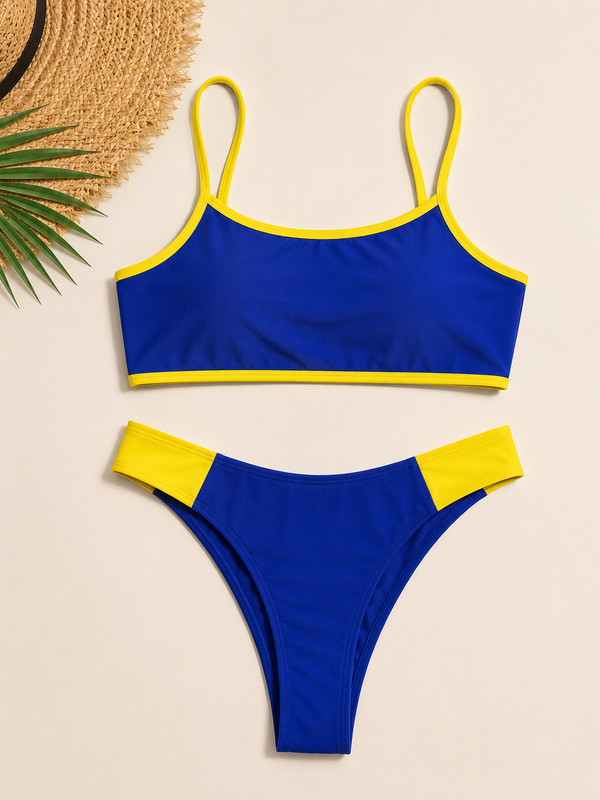 Women's Royal Blue Bikini with Yellow Details – Cropped Top and High-Cut Bottom Brazilian Style