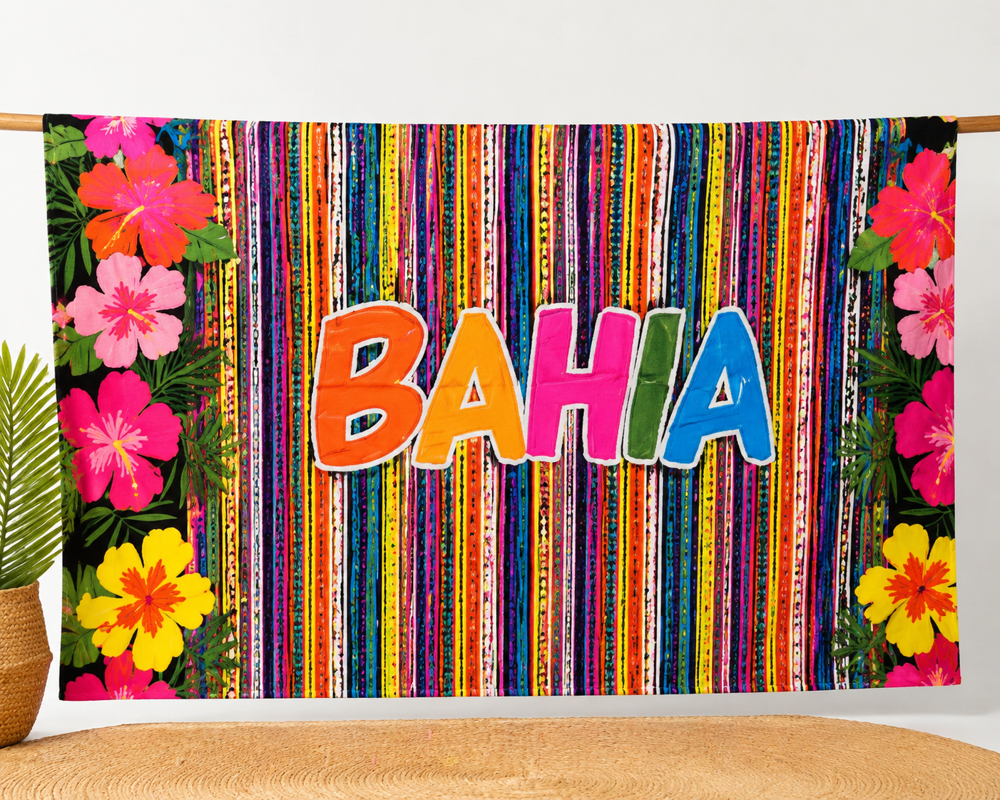 Bahia Beach Sarong – Colorful Striped Print with Tropical Flowers, Brazilian Style Canga