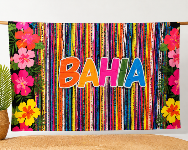 Bahia Beach Sarong – Colorful Striped Print with Tropical Flowers, Brazilian Style Canga