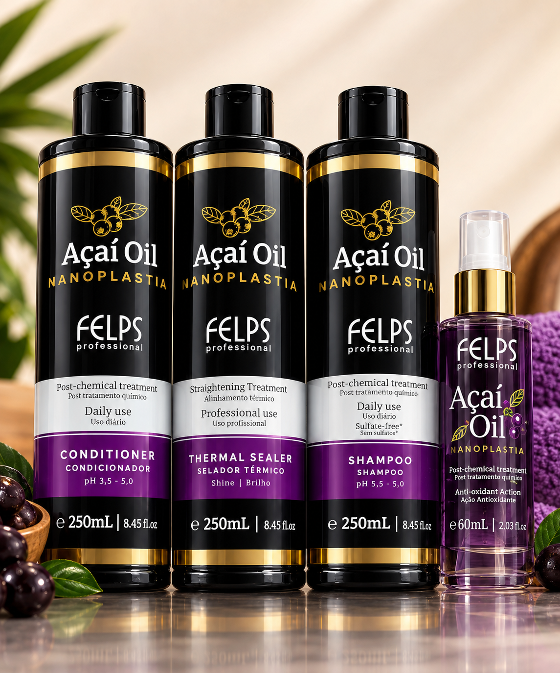 Felps Professional Açaí Oil Nanoplasty Kit – Shampoo, Conditioner, Heat Sealer and Spray 60ml