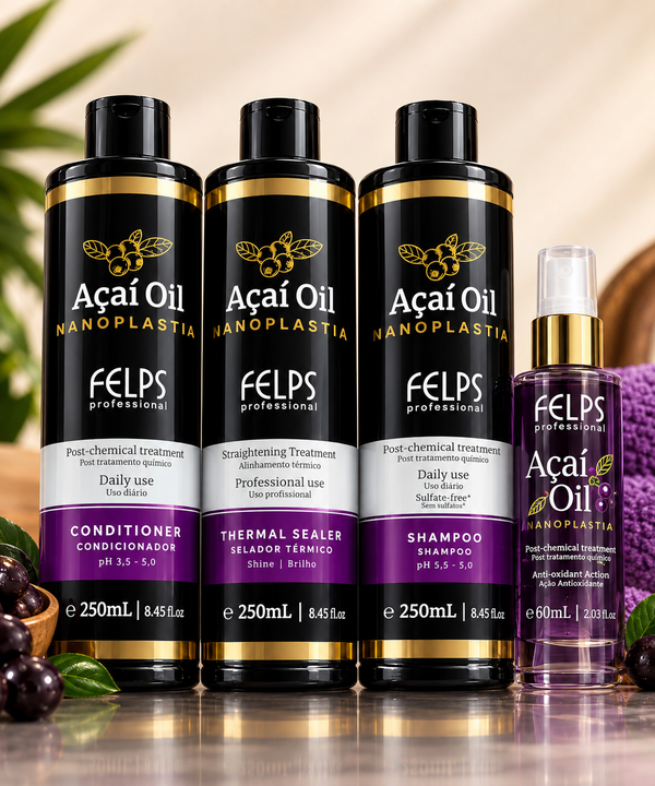 Felps Professional Açaí Oil Nanoplasty Kit – Shampoo, Conditioner, Heat Sealer and Spray 60ml