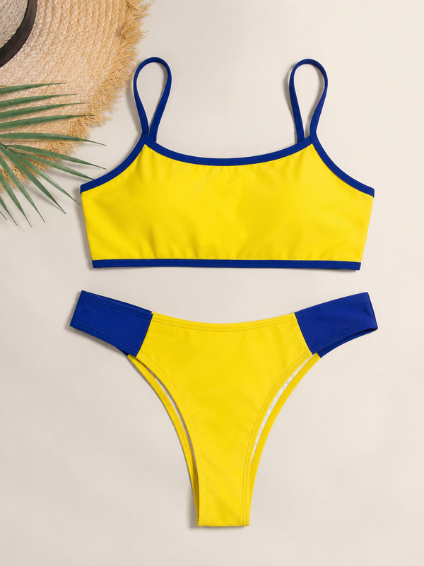 Women's Yellow Bikini with Blue Details – Cropped Top and High-Cut Bottom Brazilian Style