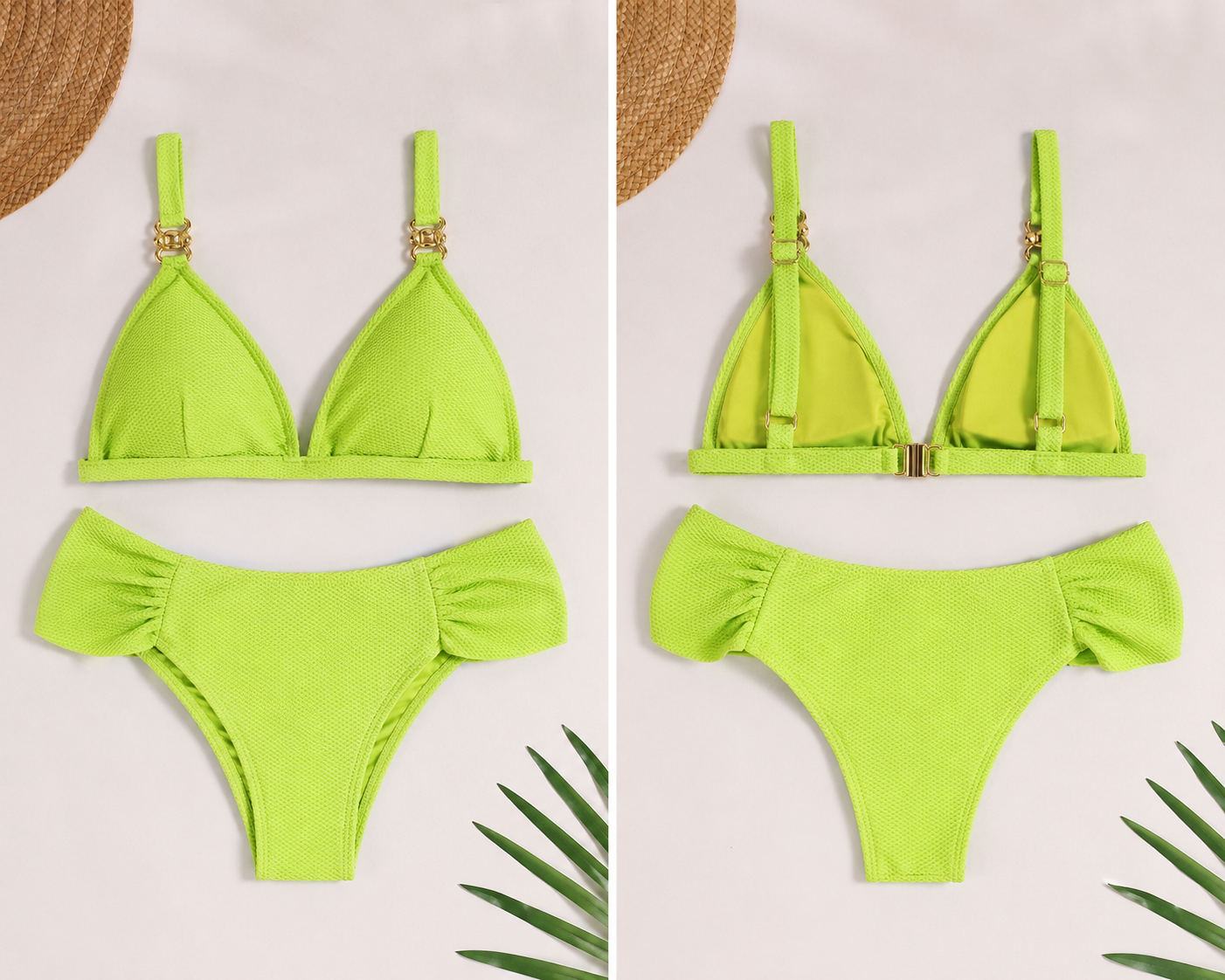 Women's Textured Lime Green Bikini Set – Fixed Top with Rings and High-Waisted Bottom with Ruffles