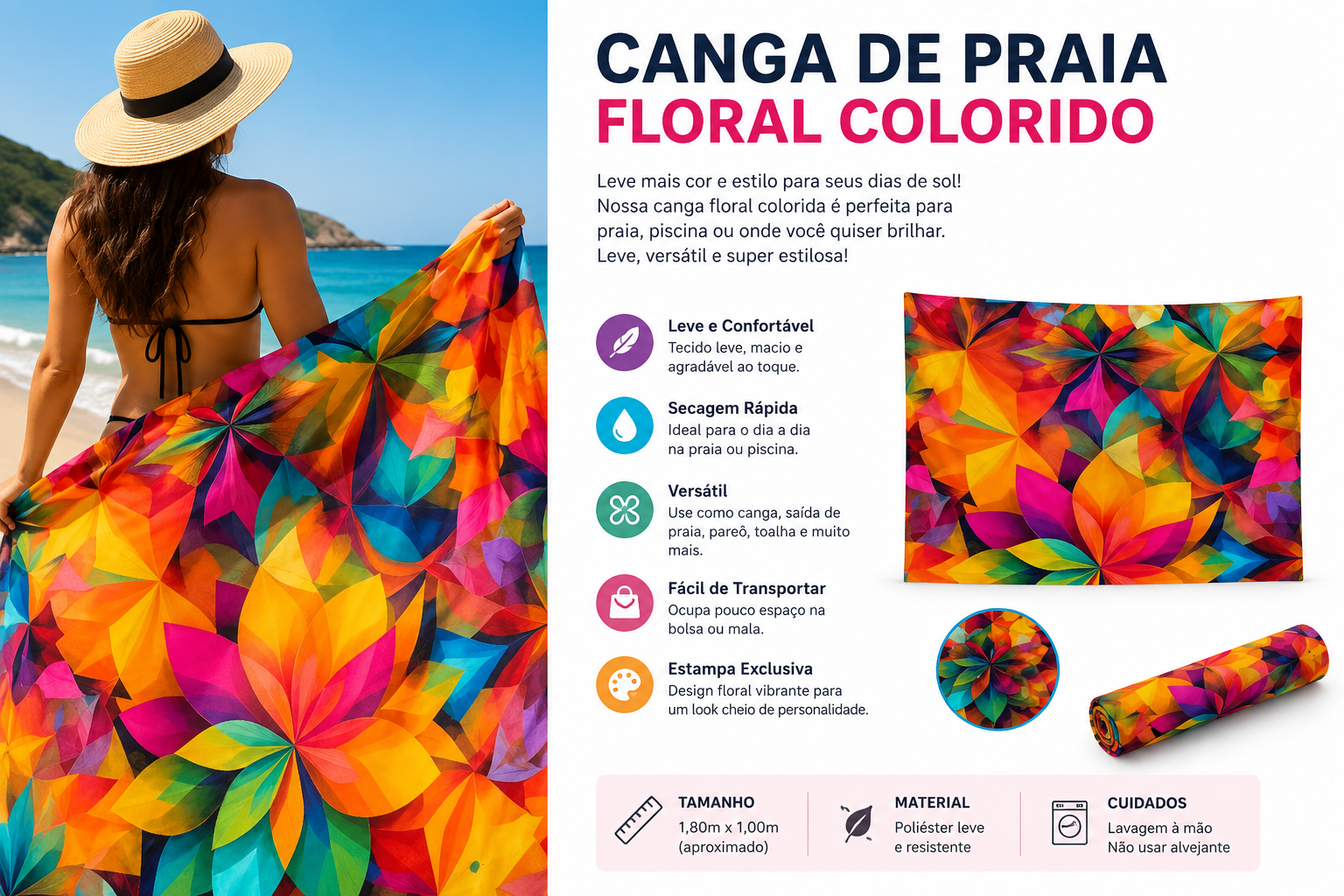Colorful Floral Print Beach Sarong, Brazilian Style Canga