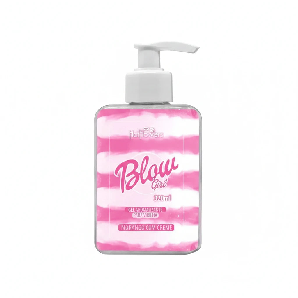 A bottle of Blow Girl aromatising gel with a pink and white striped design and a pump dispenser.