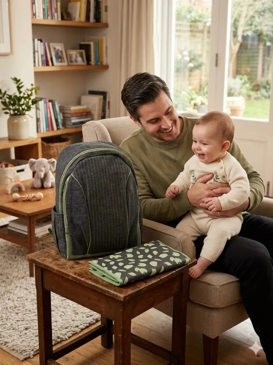 Natura Mom and Baby Backpack with Changing Mat, Dad and Baby Edition, Dark Gray Color, Striped Fabric Design