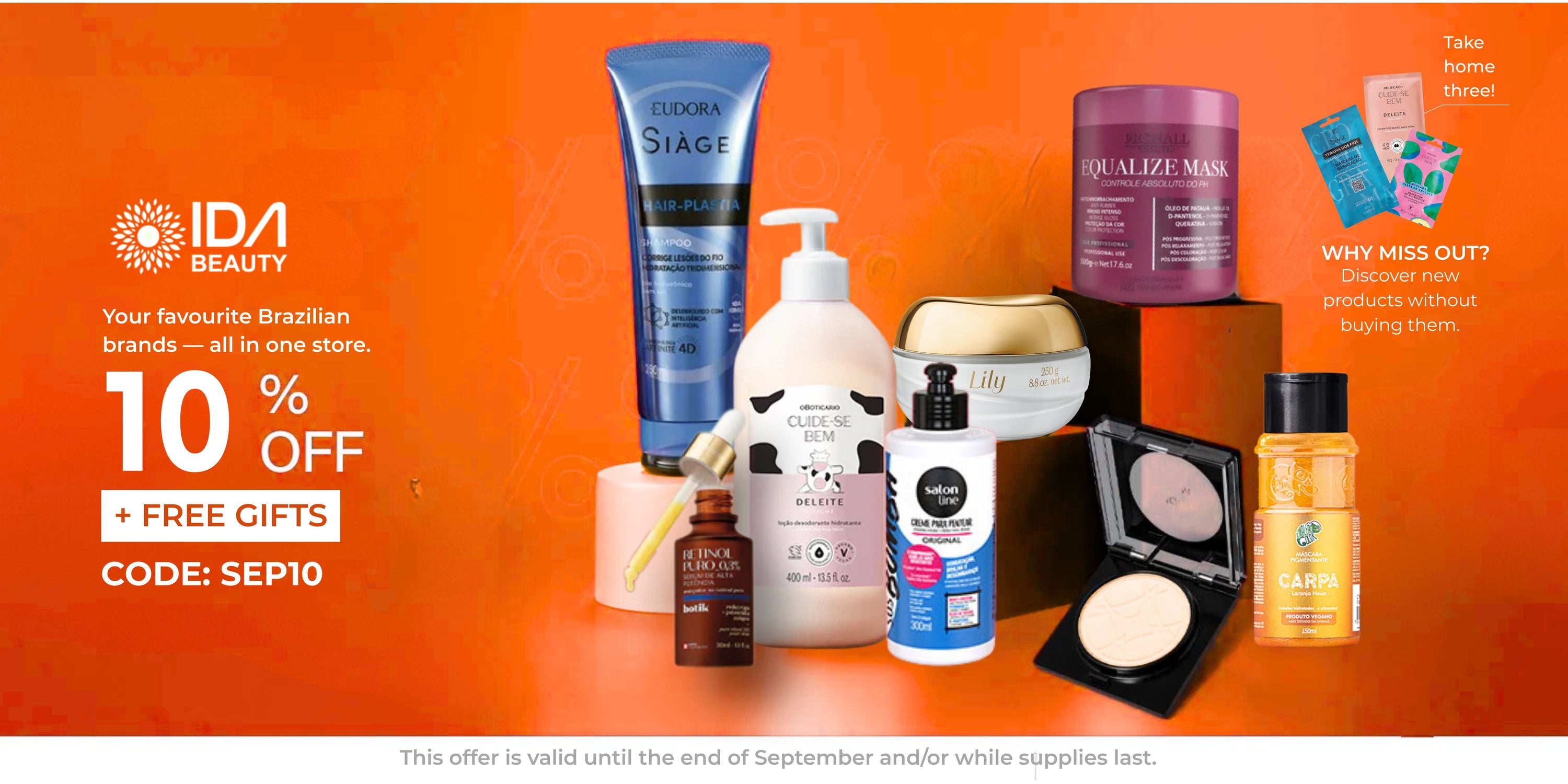 IDA Beauty product display with promotional text on an orange background