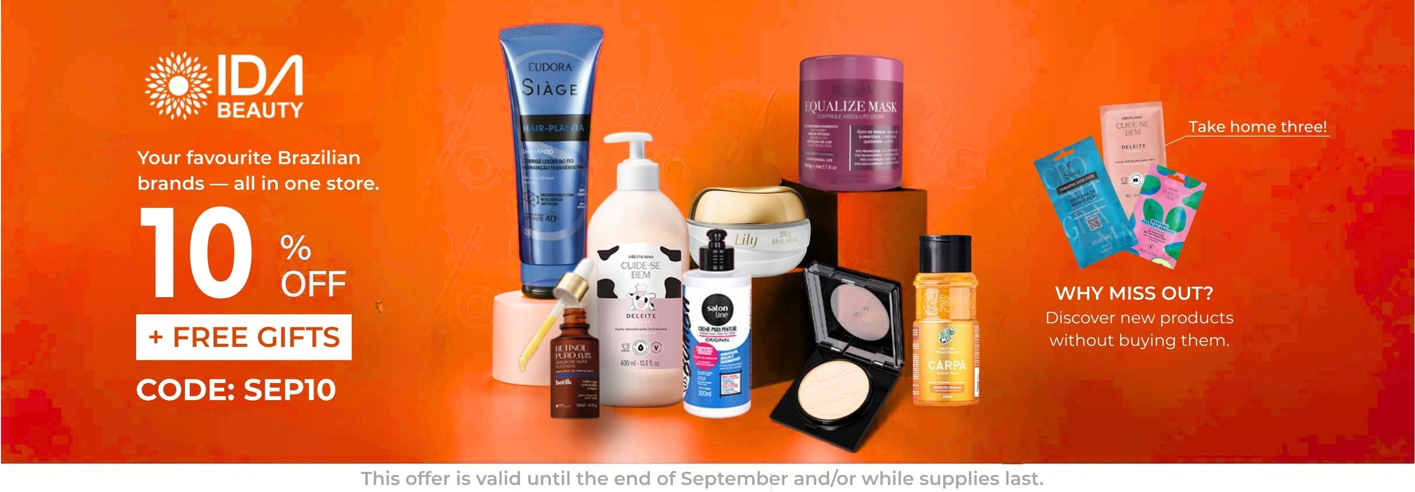 IDA Beauty promotional banner with various beauty products on an orange background