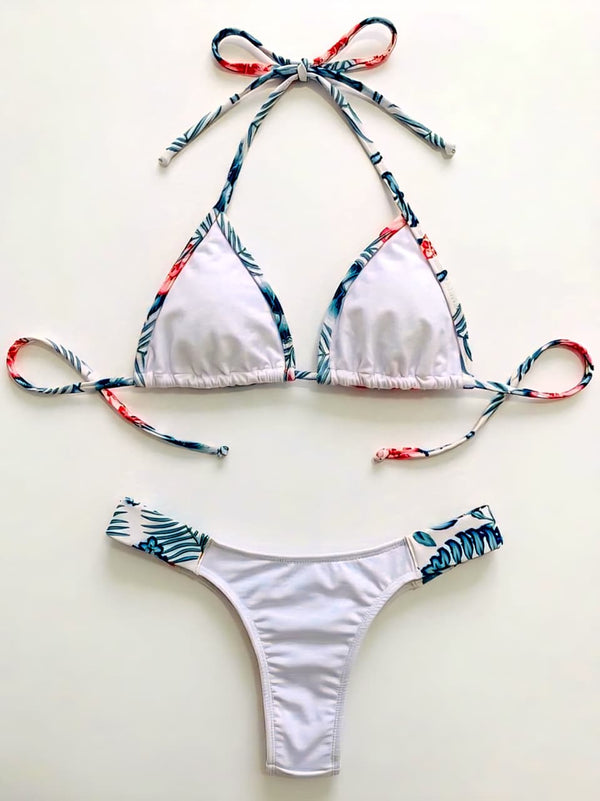Women's White Triangle Bikini with Tropical Print – Summer Beach Set. Brazilian Style