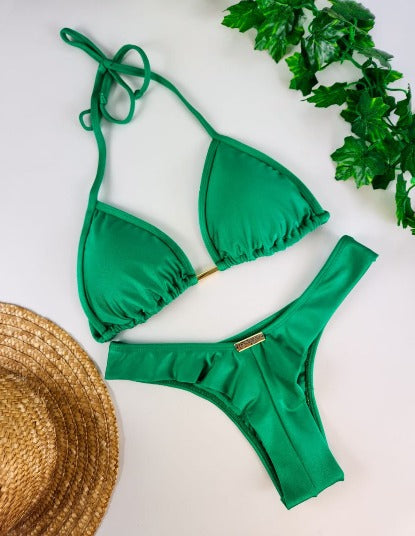 Women's Green Bikini Set – Triangle Top and High-Cut Bottom