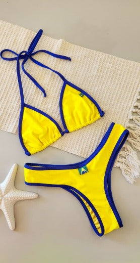 Yellow String Bikini with Blue Trim – Brazilian Style