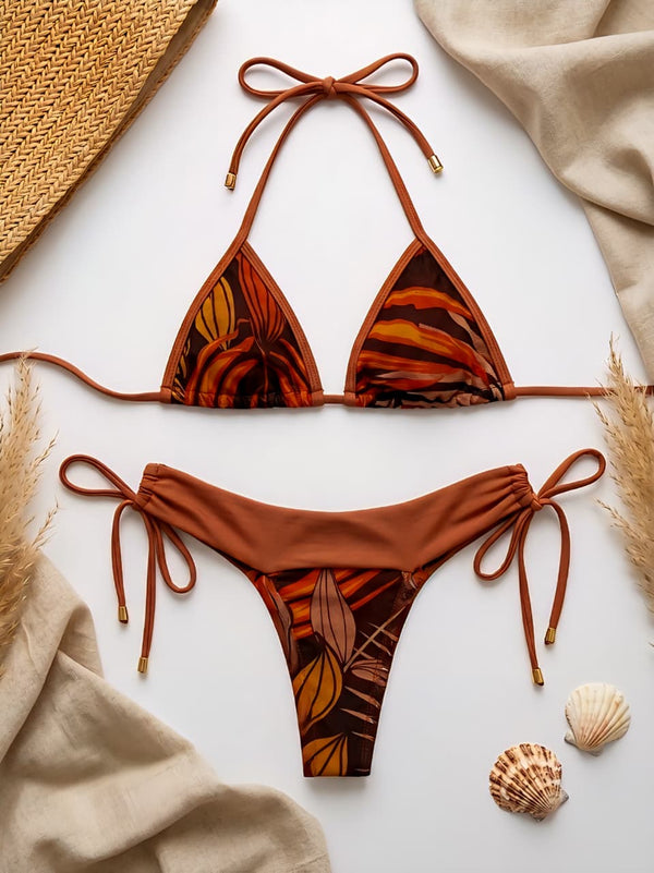 Women's Brown Printed Triangle Bikini Set - KAIRA