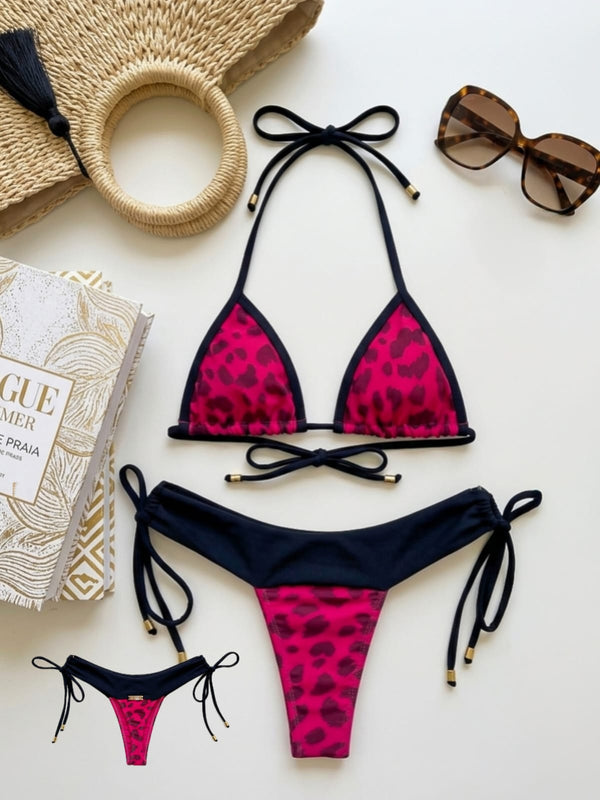 Women's Black and Pink Leopard Print Triangle Bikini Set - KAIRA