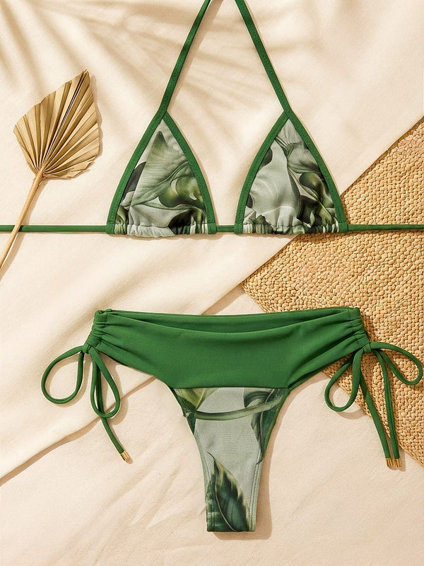 Women's Green Tropical Print Triangle Bikini Set - KAIRA