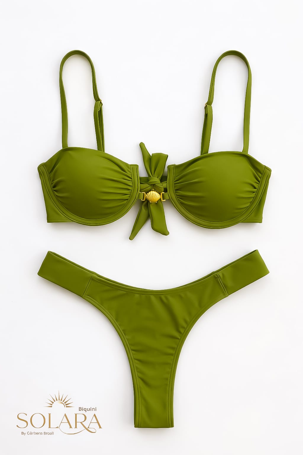 Women's Olive Green Padded Bikini Set with Bow Detail-SOLARA